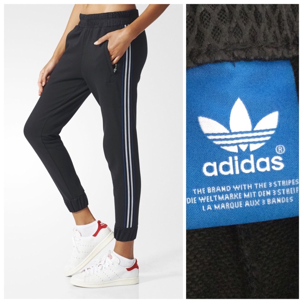 ADIDAS Originals Women's 3 Stripe Cuffed Tennis Track Pants Black White
